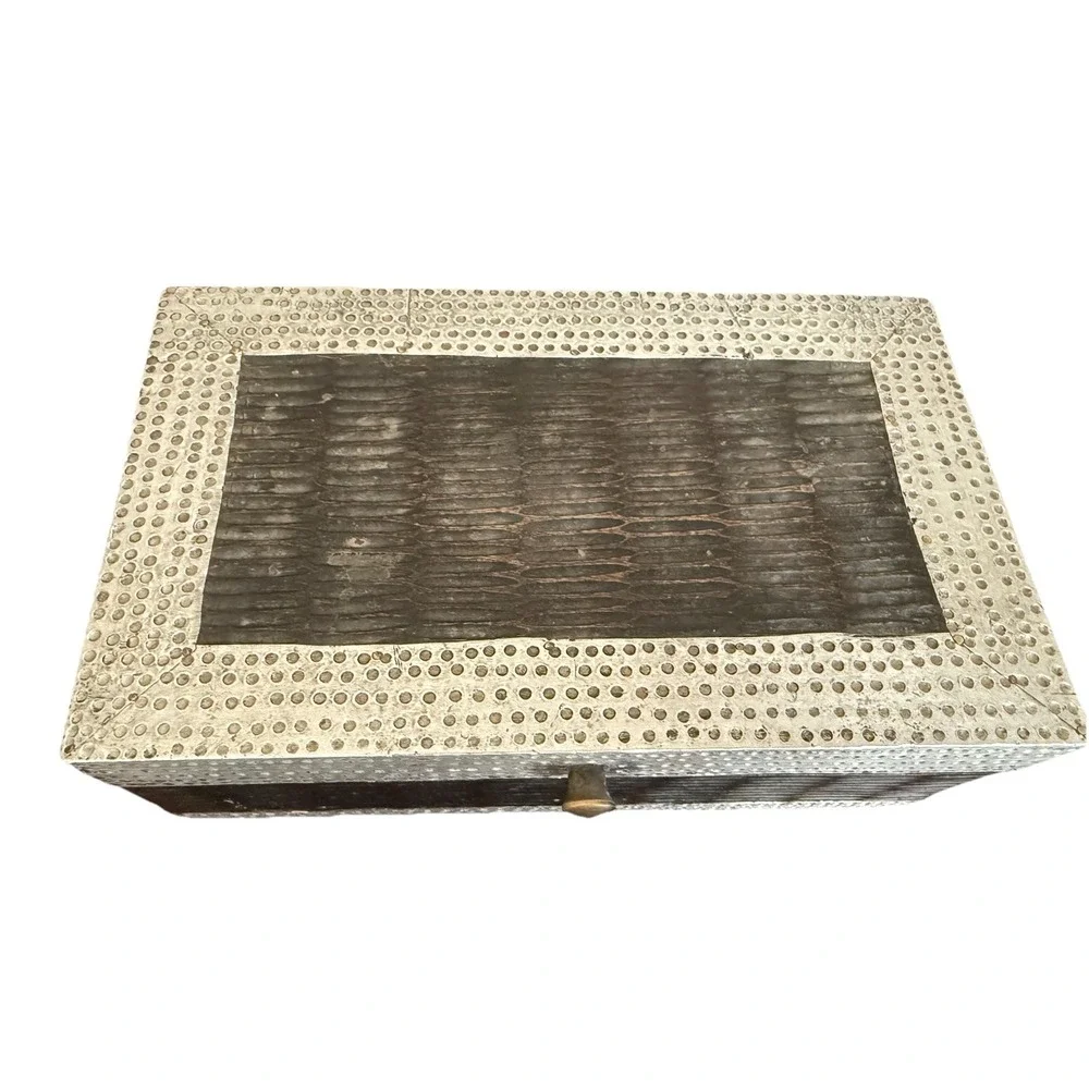 Vintage MCM Wood jewelery box  with silver Metal Accent storage organizer